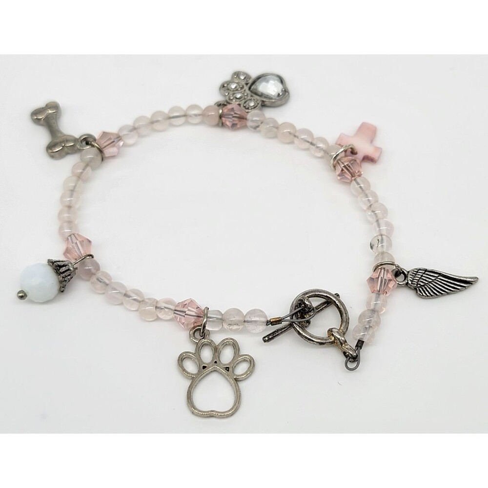 Dog Memorial Charm Bracelet Rose Quartz Swarovski Crystals Silver Tone Metal